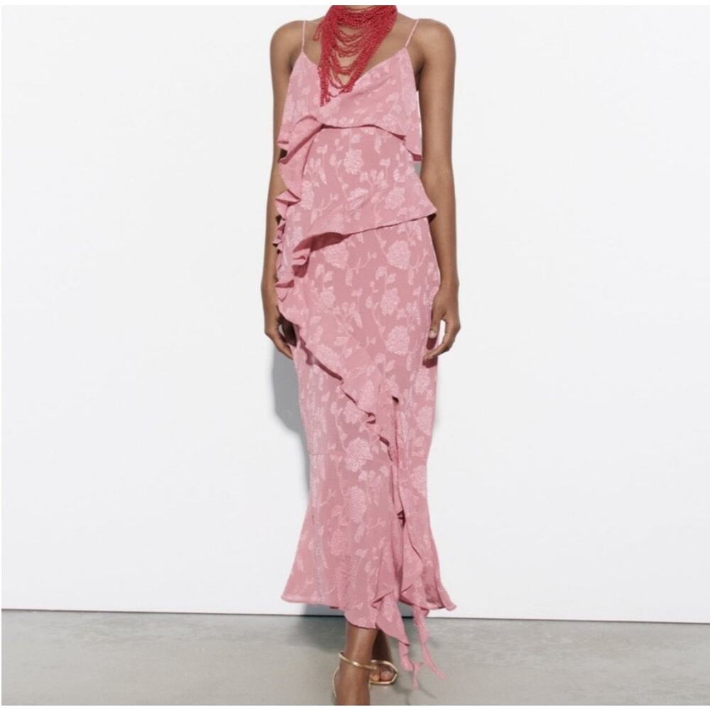 Zara Marsala Jacquard Ruffle Midi Dress Romantic Floral Cottagecore M ruffles - Picture 1 of 9